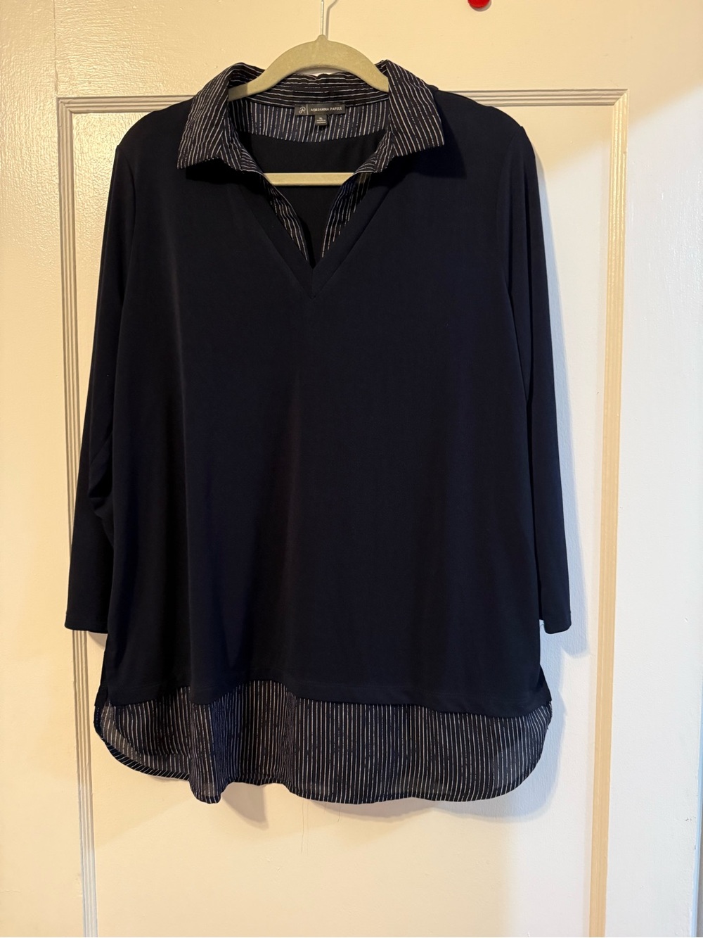 Adrianna Papell Navy Twofer Tunic Top with Striped Collar and Shirt Hem, XL